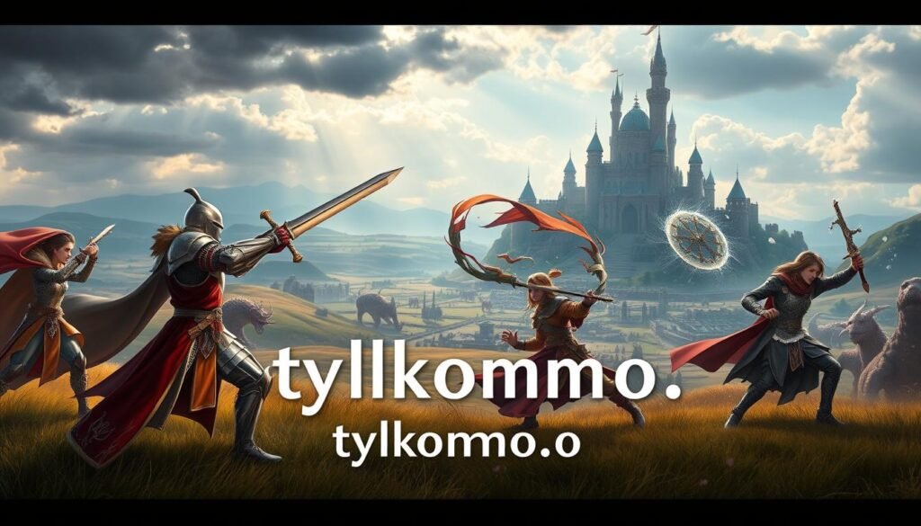 A dynamic scene illustrating a fantasy battle environment in an MMORPG setting. In the foreground, a diverse group of characters, including a knight in shining armor wielding a sword, a mage casting a spell with swirling magic energy, and a rogue stealthily preparing for a surprise attack, all dressed in vibrant, detailed armor and clothing. The middle ground features a vast landscape with rolling hills, ancient ruins, and fantastical creatures, suggesting exploration and adventure. The background showcases a majestic castle under a dramatic sky with rays of sunlight breaking through clouds, creating a heroic atmosphere. Soft, warm lighting emphasizes the characters' expressions and details in the landscape. Capture a sense of action and camaraderie as they engage in a battle. Include the brand name "tylkommo.pl" subtly integrated into the design, ensuring it does not draw attention away from the characters.