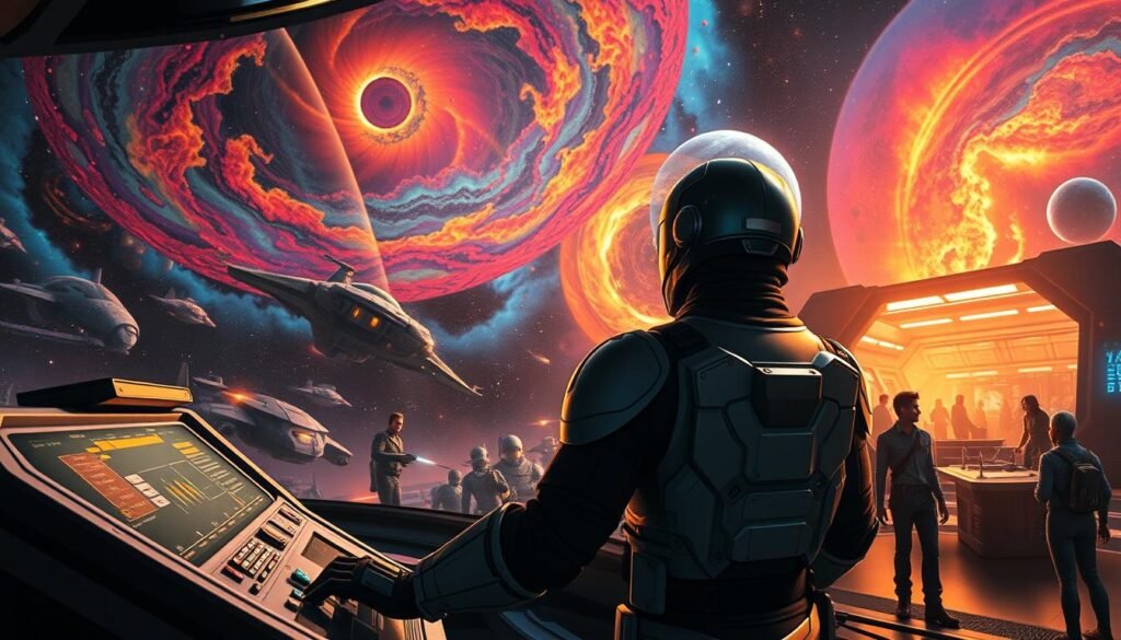 A dynamic scene set in a vibrant space environment, featuring futuristic starships and colorful nebulae swirling across a dark cosmos. In the foreground, a heroic figure clad in sleek, high-tech armor navigates a control panel aboard a starship, showcasing determination and excitement. The middle ground depicts a bustling space station with aliens and adventurers engaging in trade and conversation, adding life and diversity to the image. The background features distant planets and glistening stars illuminating the scene, creating a sense of wonder and adventure. Use bright, dramatic lighting to enhance the mood of exploration and cosmic adventure. Capture it with a slight tilt angle for added dynamism. Reflect the essence of "kosmiczne przygody" in this vibrant, otherworldly setting, suitable for the article of tylkommo.pl.