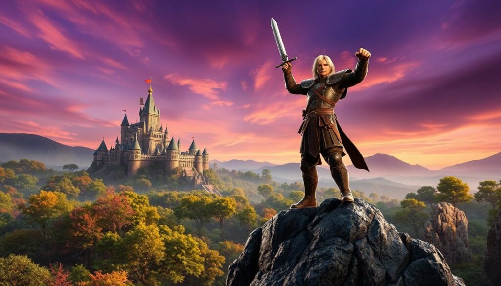A dynamic scene showcasing a character in the world of Lineage II, symbolizing the journey from novice to advanced class. In the foreground, a heroic figure clad in modest armor stands triumphantly atop a rocky outcrop, brandishing a sword symbolizing their first major achievement. Their expression reflects determination and hope. The middle ground features lush, enchanted forests typical of the game, hinting at the challenges and adventures that await. In the background, a majestic castle looms under a twilight sky filled with soft purple and orange hues, casting a magical glow over the landscape. The atmosphere is one of anticipation and excitement. Soft, warm lighting enhances the vibrancy of the scene, capturing the essence of a fantasy adventure. The image should be depicted from a slightly low angle to emphasize the character's stature and the vastness of the world behind them.