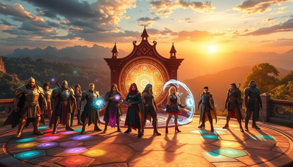 A dynamic scene showcasing a character selection environment inspired by an RPG game. In the foreground, a diverse group of avatars representing various classes stands confidently on a colorful, illuminated platform, each dressed in unique armor and outfits that reflect their skills and traits, such as a knight in shining armor, a mage with glowing spells, and a rogue with agile attire. The middle ground features an ornate fantasy-style portal surrounded by mystical symbols, while vibrant, swirling energy effects hover around the characters. In the background, a lush, enchanting landscape unfolds with distant mountains and a serene sunset, casting warm light that enhances the atmosphere of adventure and exploration. The overall mood should be inspiring and imaginative, inviting viewers to contemplate their own gaming style and character selection.