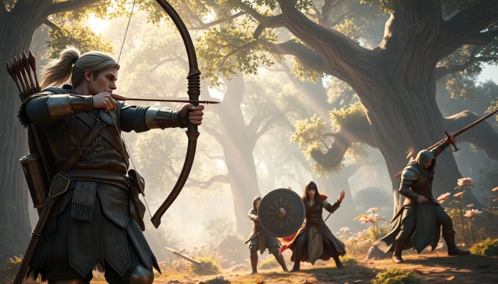 A dynamic scene showcasing a diverse team of fantasy characters representing different classes and roles in an epic setting, ideal for a role-playing game. In the foreground, a majestic ranger stands with a bow drawn, focused on the distant target, dressed in elegant leather armor adorned with nature motifs. The middle layer features a warrior with a shield, a mage casting a spell, and a rogue stealthily preparing for an attack, all showcasing unique clothing and weapons that highlight their respective abilities. The background reveals a vibrant enchanted forest with towering trees and magical flora illuminated by soft, dappled sunlight filtering through the leaves, creating a sense of adventure and anticipation. The overall atmosphere conveys teamwork and strategy, inviting players to choose their own gaming style. Use a wide-angle lens for a more immersive experience and capture warm, inviting tones in the lighting.