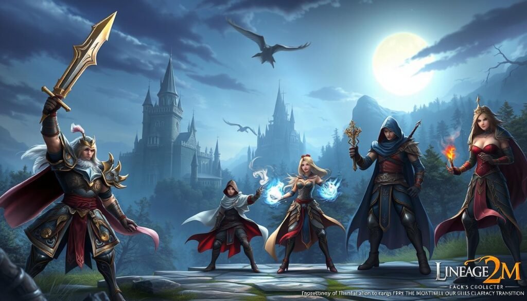 A dynamic scene showcasing various character classes from Lineage2M, illustrated in a vibrant fantasy style. In the foreground, a warrior clad in ornate armor raises a sword, exuding strength and determination, alongside a mage casting a spell with swirling energy. The middle ground features a stealthy rogue, crouched and ready to strike, while a healer holds a glowing artifact, ready to assist allies. The background depicts an enchanting medieval landscape with towering castles and mystical forests under a twilight sky, bathed in soft, ethereal lighting. The atmosphere is one of adventure and camaraderie, capturing the essence of character progression and class transitions in a fantasy realm. The scene is framed with a focus on action and unity among the characters, emphasizing their unique abilities and collaboration.