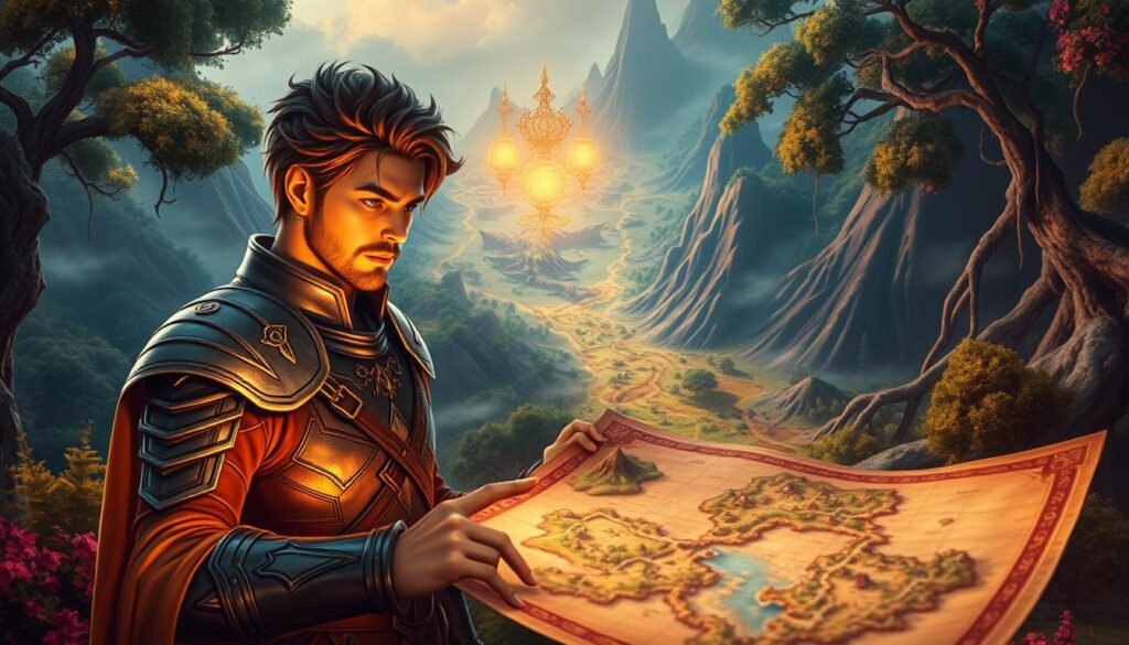 A fantastical map representation of "Firstborn kontrola mapy" set in a vibrant, lush landscape inspired by fantasy RPGs. In the foreground, a skilled Firstborn character in elegant armor is studying the map, depicting a blend of traditional and magical elements. In the middle, intricate details of the map show various terrain features like forests, mountains, and hidden paths, emphasizing strategic areas for gameplay. The background features a mystical realm with shimmering lights and soft atmospheric fog, creating a sense of adventure. Lighting is warm and golden, suggesting early morning or late afternoon, with a focus on highlighting the character's facial expressions and the details of the map. The overall mood is one of strategy and exploration, inviting players to engage with the game world.