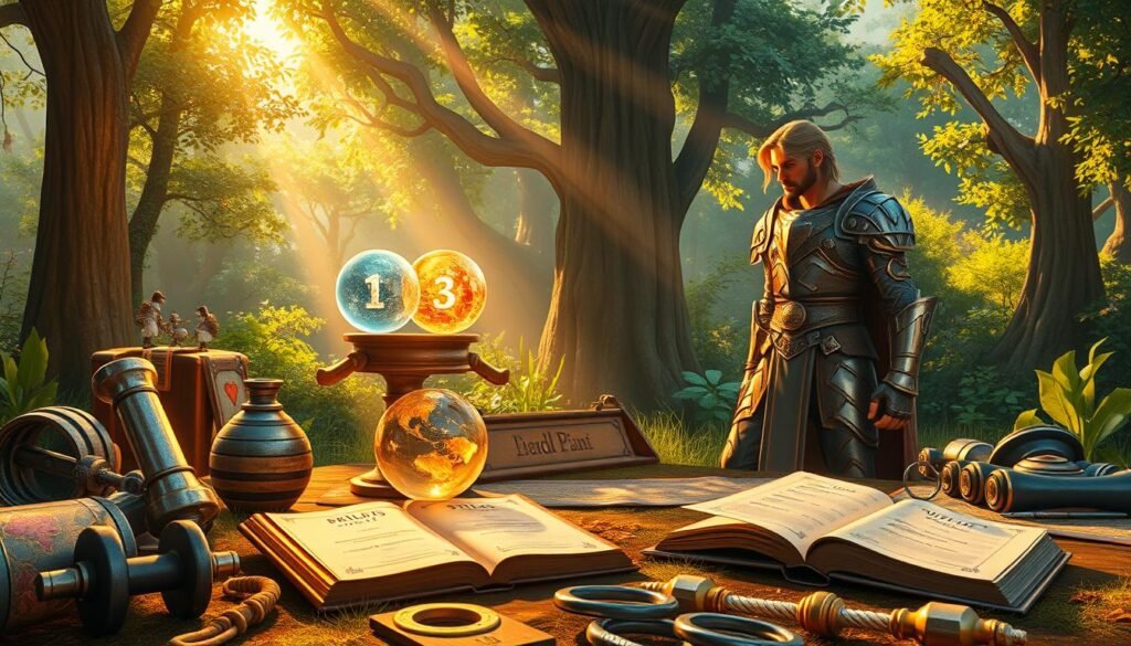 A fantasy scene showcasing a character in the midst of training in a vibrant landscape. In the foreground, a heroic figure, donned in polished armor, intensely focuses on balancing two glowing orbs that represent skills and stats. The character's expression is one of determination and ambition. In the middle ground, various training equipment like weights, banners with stats, and an open book of skills lie scattered on the ground. The background features a lush, enchanted forest with rays of sunlight filtering through the trees, adding a magical ambiance. The scene conveys an atmosphere of growth and adventure, with warm natural lighting emphasizing the character's journey toward strength and mastery.