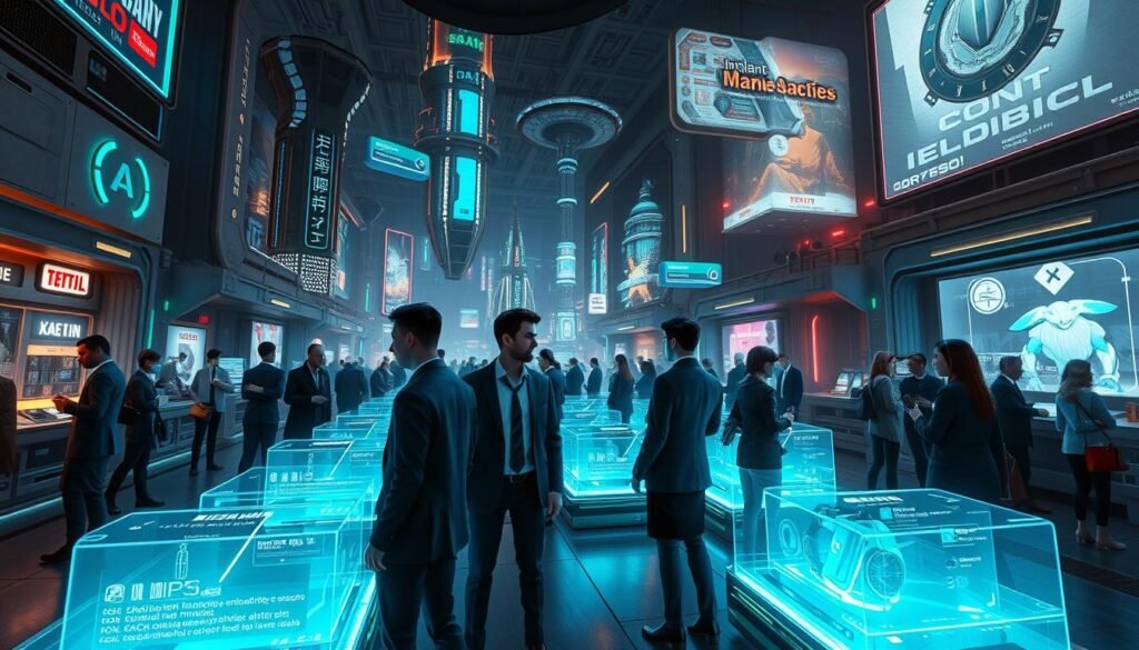 A futuristic, cyberpunk-inspired scene depicting a bustling virtual marketplace from the game Anarchy Online. In the foreground, a diverse group of characters in professional attire interacts with high-tech implants and tech gadgets, showcasing their sleek designs. The middle ground features holographic displays of implant stats and medical information, with vibrant blue and green lights illuminating the scene, creating a lively yet organized atmosphere. In the background, towering digital structures and floating advertisements convey the complexity of an evolving economy in a virtual world. The lighting is dynamic, capturing the essence of a technologically advanced society, while ensuring the mood remains inviting and educational. The perspective is slightly elevated, allowing viewers to immerse themselves in this engaging digital economy landscape.