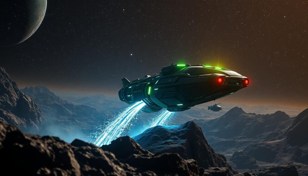 A futuristic mining scene in space, showcasing a sleek spacecraft extracting valuable resources from an asteroid. In the foreground, an intricately designed mining ship with glowing lights, actively drilling into the rocky surface of the asteroid, releasing streams of shimmering ore. The middle ground reveals the outline of other mining vessels in the distance, creating a sense of industry and teamwork. In the background, a vast starry sky dotted with distant planets and twinkling stars, adding to the ambiance. The lighting is dramatic, with vivid blues and greens illuminating the ship against the darker, more muted tones of space. The atmosphere is industrious yet serene, capturing the essence of resource gathering without conflict. A futuristic mining scene in space, showcasing a sleek spacecraft extracting valuable resources from an asteroid. In the foreground, an intricately designed mining ship with glowing lights, actively drilling into the rocky surface of the asteroid, releasing streams of shimmering ore. The middle ground reveals the outline of other mining vessels in the distance, creating a sense of industry and teamwork. In the background, a vast starry sky dotted with distant planets and twinkling stars, adding to the ambiance. The lighting is dramatic, with vivid blues and greens illuminating the ship against the darker, more muted tones of space. The atmosphere is industrious yet serene, capturing the essence of resource gathering without conflict.