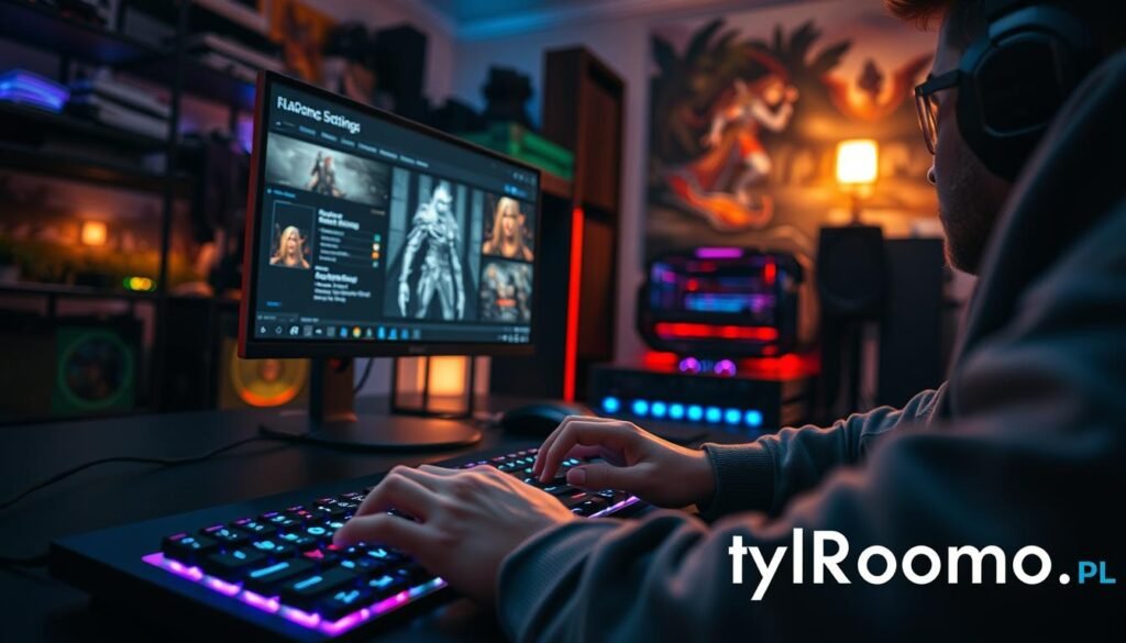 A gamer sitting at a sleek, modern PC setup in a dimly-lit room, focused on optimizing graphics settings for a captivating MMORPG experience. The foreground features a close-up of the gamer’s hands on a high-tech keyboard, illuminated by the soft glow of RGB lighting. In the middle ground, the computer monitor displays vibrant game graphics with various settings adjustments being made. The background shows shelves filled with gaming accessories and a subtle hint of fantasy game artwork on the walls, creating an immersive atmosphere. The lighting is warm and inviting, conveying a sense of comfort and focus. The overall mood is one of anticipation and engagement in the virtual world. Include the brand name "tylkommo.pl" subtly within the scene.