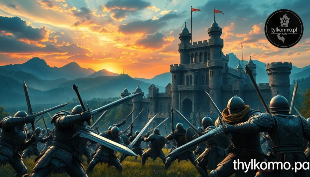 A grand medieval castle under siege, surrounded by a lush landscape and a dramatic sky. In the foreground, armored heroes wielding swords and shields engage in fierce combat, showcasing diverse character classes from a classic MMO like Lineage 2. In the middle ground, towering siege towers and catapults launch projectiles toward the castle walls, where defenders stand resolute. The background features mountains and a vibrant sunrise, casting warm light that glimmers off the metal armor, enhancing the epic atmosphere. Capture the intensity of the battle, with expressions of determination on the characters' faces, all in a dynamic action-packed composition reminiscent of classic PvP gameplay. Incorporate a subtle logo for "tylkommo.pl" in the corner to identify the source of inspiration. A grand medieval castle under siege, surrounded by a lush landscape and a dramatic sky. In the foreground, armored heroes wielding swords and shields engage in fierce combat, showcasing diverse character classes from a classic MMO like Lineage 2. In the middle ground, towering siege towers and catapults launch projectiles toward the castle walls, where defenders stand resolute. The background features mountains and a vibrant sunrise, casting warm light that glimmers off the metal armor, enhancing the epic atmosphere. Capture the intensity of the battle, with expressions of determination on the characters' faces, all in a dynamic action-packed composition reminiscent of classic PvP gameplay. Incorporate a subtle logo for "tylkommo.pl" in the corner to identify the source of inspiration.