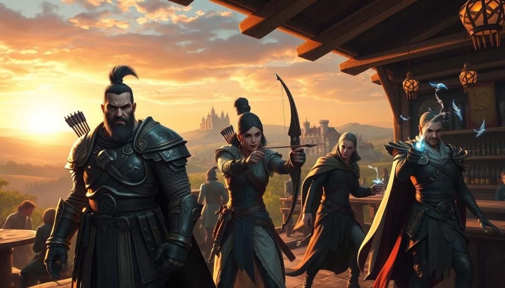 A group of diverse mercenaries in an action-packed fantasy setting, capturing the essence of teamwork in a game environment. In the foreground, three characters: a fierce warrior wearing ornate armor, a strategic archer with elegant attire and a quiver of arrows, and a mystical mage casting a spell. The middle ground features a medieval-style tavern bustling with activity, showcasing various NPCs and elements of the game world. The background showcases a picturesque landscape with rolling hills and a distant castle under a sunset sky, casting warm, dynamic lighting. The image should have a dynamic angle, emphasizing the camaraderie of the mercenaries, evoking a sense of adventure, teamwork, and strategy, perfect for illustrating a section on character development and team building.