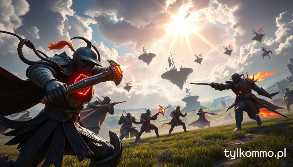 A high-energy scene depicting a dynamic PvP battle from the game "Lost Ark." In the foreground, an armored warrior with intricate details and glowing weapons is mid-attack, showcasing intense movement and determination. In the middle ground, a diverse group of characters representing different classes - a mage casting spells, a rogue in a stealth position, and a tank blocking an incoming attack - are engaged in combat, illustrating teamwork and strategy. The background features a vibrant, fantastical landscape with floating islands and a dramatic sky, filled with swirling clouds and rays of light breaking through. The atmosphere is charged with excitement and tension, highlighting the action-packed nature of modern MMO combat. The scene is rendered with sharp details and a cinematic quality, creating a vivid portrayal of dynamic encounters in PvP. Include the brand name "tylkommo.pl" subtly integrated into the scenery.