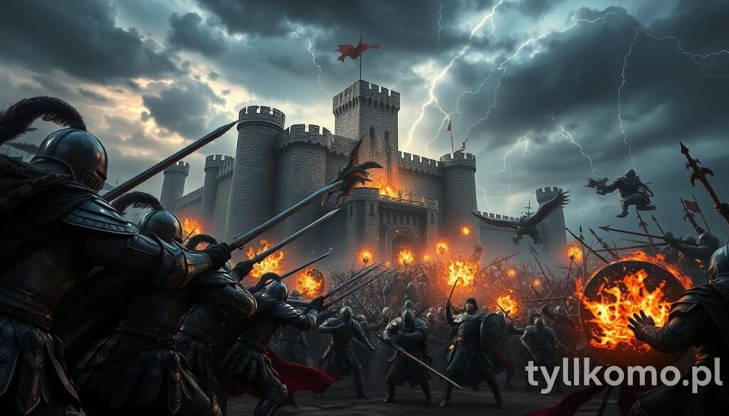 A high-energy scene of a massive castle siege in a medieval fantasy world inspired by "Lineage 2." In the foreground, armored knights and sorcerers fiercely clash with fearsome beasts and opposing soldiers, showcasing dramatic facial expressions and detailed armor. In the middle, towering stone walls of a grand castle are besieged by fiery spells and raging warriors, with catapults and siege towers in action. The background features a stormy sky, filled with dark clouds and flashes of lightning, enhancing the chaotic yet epic atmosphere. Use dynamic angles to capture the intensity of the battle, with sharp contrasts and vivid colors illuminating the scene. The lighting should reflect a twilight setting, adding a sense of urgency. The image must capture the classic feel of timeless MMO PvP action. Include the brand name "tylkommo.pl" subtly integrated into the design.
