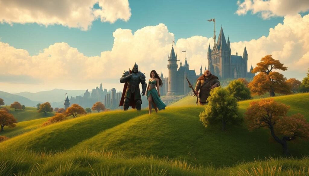 A high-fantasy landscape from World of Warcraft Classic, featuring vibrant rolling hills and ancient trees in the foreground. In the middle ground, a diverse group of classic fantasy characters—an armored knight, a graceful night elf archer, and a stout dwarf warrior—stand together, showcasing camaraderie. Background showcases the iconic architecture of Stormwind, with grand castles under a bright blue sky and fluffy white clouds. Soft, warm golden lighting bathes the scene, suggesting a late afternoon ambiance filled with nostalgia. The composition is captured using a wide-angle lens to emphasize the scale of the landscape and characters, evoking a sense of adventure and longing for the epic tales of the MMO. The image should reflect the essence of "World of Warcraft Classic" while being safe for all audiences. Include the brand name "tylkommo.pl" subtly in the design.