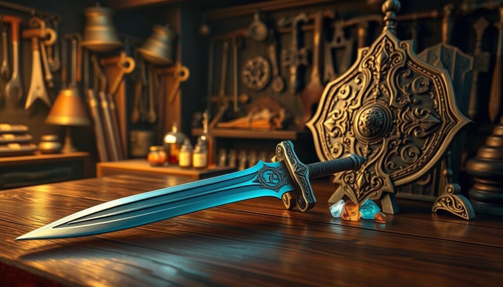 A highly detailed and realistic rendering of a fantasy gear setup inspired by RPG elements. In the foreground, a beautifully crafted sword with intricate engravings rests atop a polished wooden table, glimmering in soft, ambient light. Beside it, a sturdy shield adorned with mystical symbols leans against an ornate display stand. In the middle ground, various upgrade items such as potions and enhancement stones are spread out, showcasing their vibrant colors and textures. The background features a dimly lit workshop filled with tools and weapons hanging on the walls, creating a sense of depth and immersion in the world of gear upgrades. The atmosphere is mysterious yet inviting, with warm lighting casting gentle shadows, enhancing the overall mood of adventure and craftsmanship. A highly detailed and realistic rendering of a fantasy gear setup inspired by RPG elements. In the foreground, a beautifully crafted sword with intricate engravings rests atop a polished wooden table, glimmering in soft, ambient light. Beside it, a sturdy shield adorned with mystical symbols leans against an ornate display stand. In the middle ground, various upgrade items such as potions and enhancement stones are spread out, showcasing their vibrant colors and textures. The background features a dimly lit workshop filled with tools and weapons hanging on the walls, creating a sense of depth and immersion in the world of gear upgrades. The atmosphere is mysterious yet inviting, with warm lighting casting gentle shadows, enhancing the overall mood of adventure and craftsmanship.