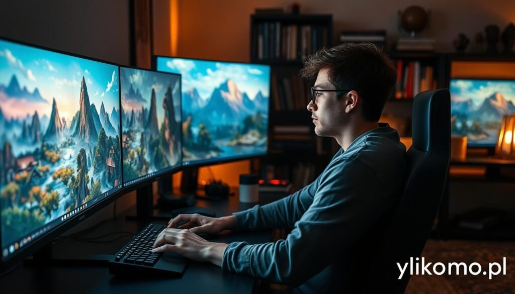 A lone gamer sits in a cozy, dimly lit room, illuminated by the soft glow of multiple monitors displaying vibrant, fantastical landscapes from various MMORPG worlds. In the foreground, an immersive desktop setup features detailed gaming peripherals, such as a mechanical keyboard and a high-end gaming mouse. The middle section showcases the gamer, dressed in comfortable, casual clothing, deeply focused on the screen, with a look of concentration. The background subtly features a bookshelf filled with fantasy novels and collectibles, enhancing the atmosphere of solitary adventure. The lighting casts gentle shadows, creating a warm, inviting mood that conveys a sense of exploration and personal journey. The scene underscores the joy of solo gaming in MMORPGs. Include the brand "tylkommo.pl" placed discreetly in the lower corner of the image.