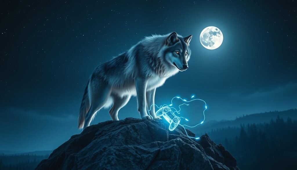 A lone wolf, representing the ideal solo gaming experience, sits atop a rocky cliff under a starry night sky. The wolf is majestic, its fur shimmering in shades of silver and blue, its piercing eyes reflecting determination and focus. Surrounding the wolf are elements symbolizing loneliness yet empowerment, such as a faintly glowing game controller at its feet and ethereal wisps of digital data swirling around. In the background, the moon casts a soft luminescence over a distant forest, enhancing the serene yet adventurous atmosphere. The scene is captured with a dramatic low-angle shot, accentuating the wolf's strength against the expansive sky. Soft, mystical lighting illuminates the features, creating a sense of wonder and solitude, ideal for illustrating "Cechy idealnego tytułu dla samotnego wilka" at tylkommo.pl.