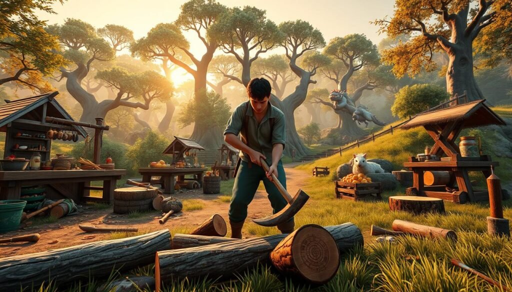 A lush, virtual landscape inspired by Old School RuneScape, showcasing a character, a young adult in modest casual clothing, engaging in skills training activities. In the foreground, the character is diligently chopping wood with a hatchet, surrounded by logs and tools. In the middle, various crafting stations and gathered resources like fish, ores, and herbs hint at the bustling activity of skill acquisition. The background displays a vibrant forest with whimsical trees and magical creatures, softly illuminated by the golden glow of a sunset, creating a warm atmosphere. The composition employs a slight low-angle perspective, emphasizing the character's determination and the enchanting world around them, inviting the viewer to delve into the journey of growth and resourcefulness in the game. A lush, virtual landscape inspired by Old School RuneScape, showcasing a character, a young adult in modest casual clothing, engaging in skills training activities. In the foreground, the character is diligently chopping wood with a hatchet, surrounded by logs and tools. In the middle, various crafting stations and gathered resources like fish, ores, and herbs hint at the bustling activity of skill acquisition. The background displays a vibrant forest with whimsical trees and magical creatures, softly illuminated by the golden glow of a sunset, creating a warm atmosphere. The composition employs a slight low-angle perspective, emphasizing the character's determination and the enchanting world around them, inviting the viewer to delve into the journey of growth and resourcefulness in the game.