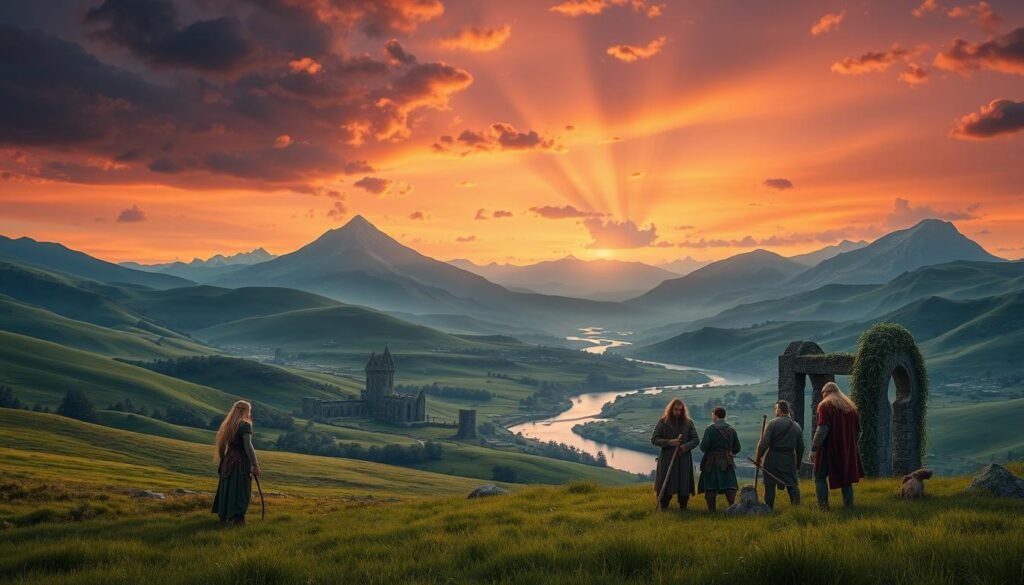 A majestic fantasy landscape inspired by "Lord of the Rings," showcasing a vast, lush green valley with rolling hills and towering mountains in the distance. In the foreground, a group of diverse adventurers dressed in modest medieval attire—an elf with long hair and a bow, a stout dwarf wielding an axe, and a human mage with a staff—are gathered by a shimmering river. The middle ground features ancient stone ruins overgrown with vines, hinting at a rich history. In the background, a dramatic twilight sky painted with shades of orange and purple casts ambient light over the scene, creating a magical atmosphere. Soft rays of light filter through scattered clouds. This image embodies the essence of an expansive, immersive world. Include the brand name "tylkommo.pl" subtly at the bottom. A majestic fantasy landscape inspired by "Lord of the Rings," showcasing a vast, lush green valley with rolling hills and towering mountains in the distance. In the foreground, a group of diverse adventurers dressed in modest medieval attire—an elf with long hair and a bow, a stout dwarf wielding an axe, and a human mage with a staff—are gathered by a shimmering river. The middle ground features ancient stone ruins overgrown with vines, hinting at a rich history. In the background, a dramatic twilight sky painted with shades of orange and purple casts ambient light over the scene, creating a magical atmosphere. Soft rays of light filter through scattered clouds. This image embodies the essence of an expansive, immersive world. Include the brand name "tylkommo.pl" subtly at the bottom.