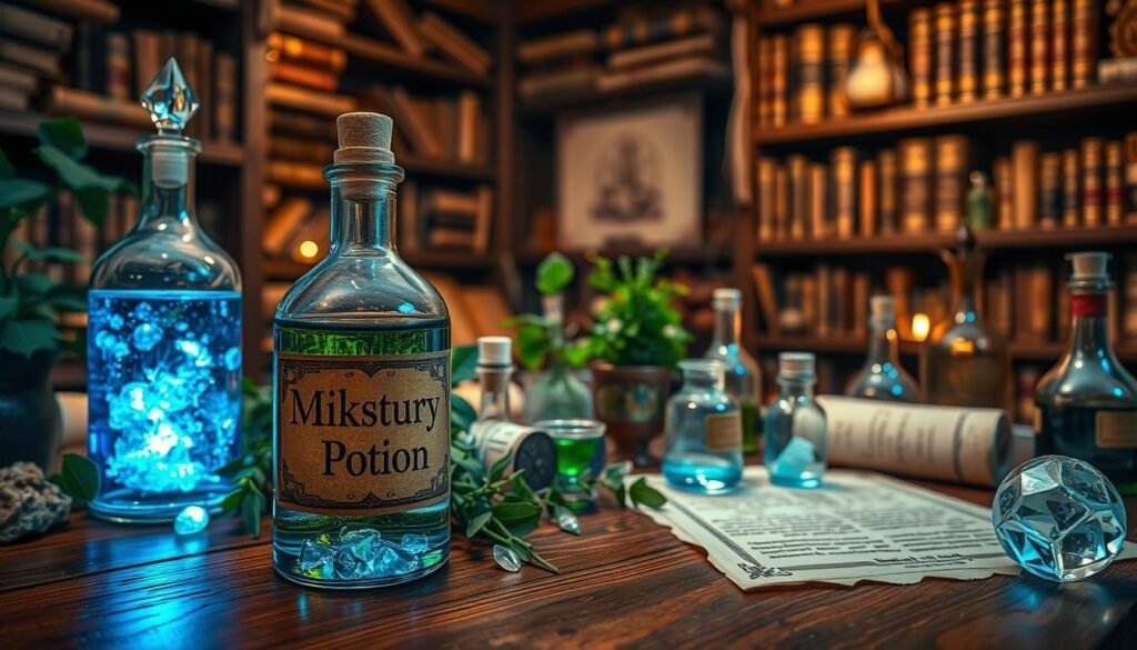 A mystical potion labeled "Mikstury Auto Potion" sits elegantly on a wooden alchemist table, surrounded by lush green herbs and glowing crystals. The foreground features the potion's vibrant colors, with shades of deep blue and shimmering gold that suggest magical properties. In the middle ground, there are various alchemical tools like glass beakers and scrolls detailing healing properties, arranged thoughtfully to depict a lively potion-making scene. The background displays a softly-lit room with shelves packed with ancient tomes and elixirs, creating an immersive atmosphere. The lighting is warm, casting gentle shadows that enhance the enchanting mood. Capture the experience at a slight top angle for depth, inviting viewers to explore this captivating space filled with healing potential. A mystical potion labeled "Mikstury Auto Potion" sits elegantly on a wooden alchemist table, surrounded by lush green herbs and glowing crystals. The foreground features the potion's vibrant colors, with shades of deep blue and shimmering gold that suggest magical properties. In the middle ground, there are various alchemical tools like glass beakers and scrolls detailing healing properties, arranged thoughtfully to depict a lively potion-making scene. The background displays a softly-lit room with shelves packed with ancient tomes and elixirs, creating an immersive atmosphere. The lighting is warm, casting gentle shadows that enhance the enchanting mood. Capture the experience at a slight top angle for depth, inviting viewers to explore this captivating space filled with healing potential.