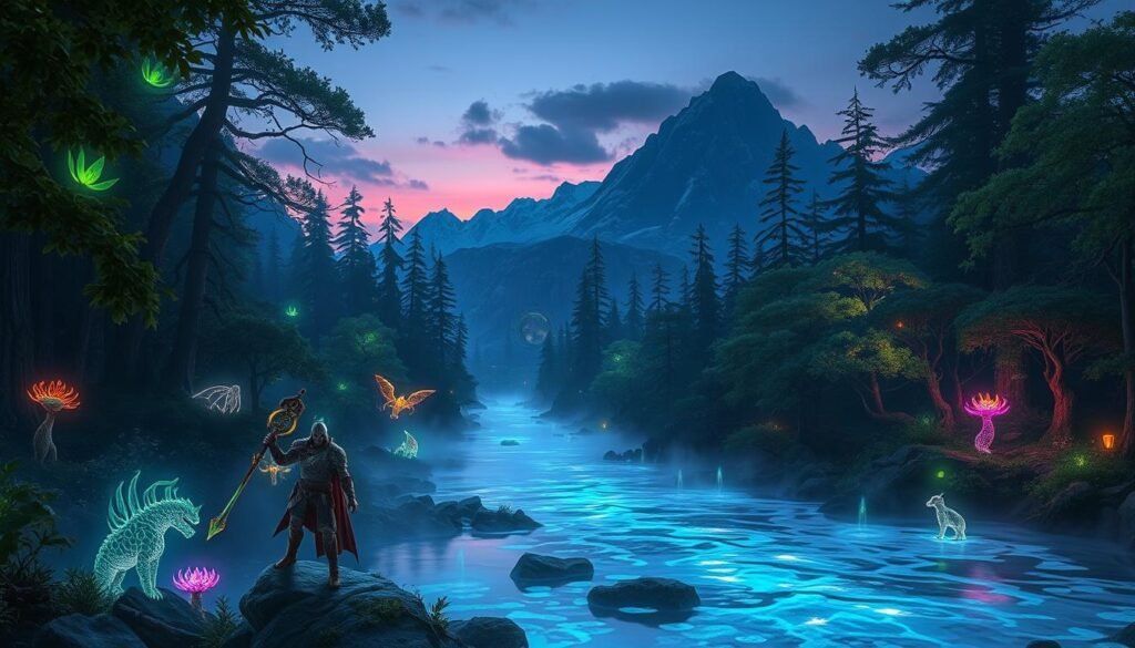 A mystical realm where vibrant bioluminescent flora illuminates an ancient forest filled with towering trees. Creatures of various fantastical designs peek through the foliage, showcasing a harmony between nature and mythical beings. In the foreground, a heroic character in modest, detailed armor stands confidently, holding a glowing staff. The middle ground features a shimmering river reflecting the ethereal light, with soft mist hovering above the surface. In the background, majestic mountains rise against a twilight sky, painted in hues of deep blue and violet. The atmosphere conveys mystery and adventure, inviting exploration. Natural lighting accentuates the colors and textures, and the composition is captured with a wide-angle lens to enhance the sense of wonder. This enchanting scene embodies unique storytelling and atmosphere, perfect for showcasing the essence of unique MMO games, inspired by tylkommo.pl.