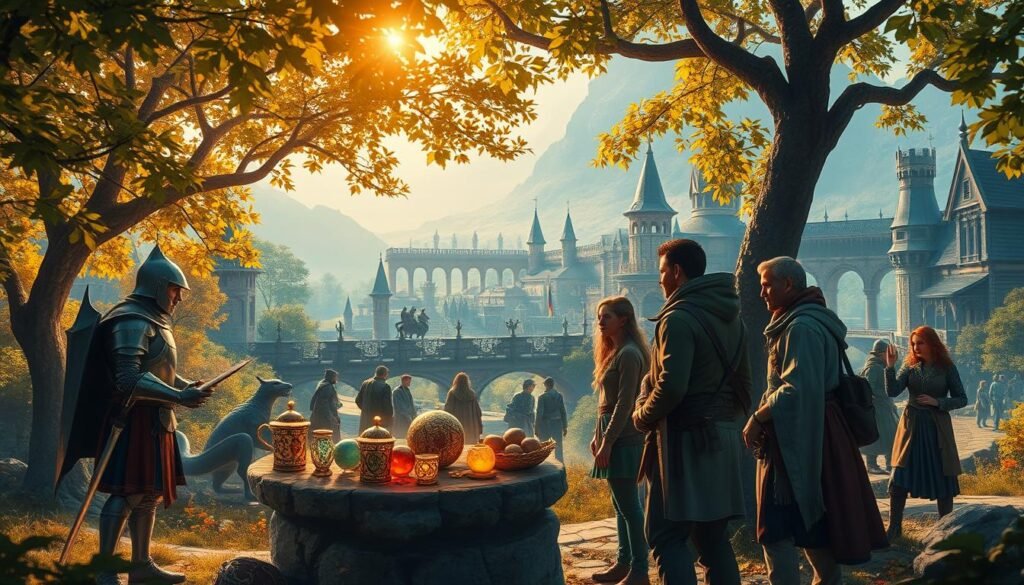 A nostalgic MMORPG scene showcasing a vibrant fantasy landscape, featuring classic elements like enchanted forests, mythical creatures, and a sprawling medieval town in the background. In the foreground, a group of diverse adventurers in modest semi-casual attire, including a heroic knight, a cunning rogue, and a wise mage, are strategizing together, surrounded by glowing magical artifacts. The middle ground reveals bustling NPCs and lively interactions, with players trading goods and discussing quests. The atmosphere is filled with a warm, golden sunlight filtering through the tree leaves, casting playful shadows. The image captures the essence of community and exploration in a classic MMORPG world, with a cinematic depth of field, shot at a slight angle to enhance dynamism. Ideal for illustrating the timeless appeal of classic games. Focus on a rich color palette and detail to reflect the charm of the genre. By tylkommo.pl.