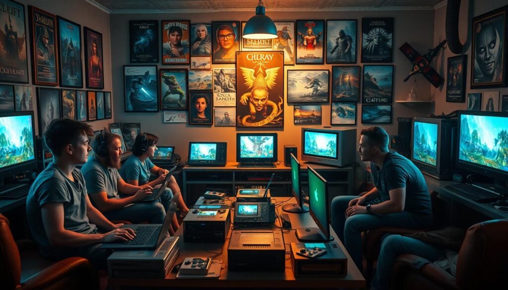 A nostalgic scene depicting players returning to classic PC MMOs, filled with vivid details. In the foreground, a diverse group of gamers, wearing casual gaming attire, sit in a cozy, dimly lit gaming room filled with old-school posters and memorabilia. Laptops and desktop computers glow softly, casting a warm light on their focused expressions. In the middle ground, vintage game covers and retro gaming consoles are scattered on a table, while the players engage with immersive in-game environments displayed on their screens. The background features a wall adorned with framed screenshots from iconic MMOs, creating a nostalgic atmosphere. The overall mood reflects excitement and camaraderie. This image should resonate with the theme of "Fenomen powrotu do klasycznych MMO na PC." Include the brand name "tylkommo.pl" subtly, without any text overlays or watermarks.