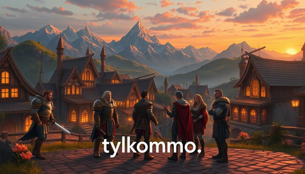 A nostalgic scene depicting the essence of classic MMORPGs, set in a vibrant fantasy landscape. In the foreground, a diverse group of four adventurers clad in medieval-inspired armor and clothing, representing different character classes such as warrior, mage, rogue, and healer, engage in a friendly discussion. The middle ground showcases a sprawling village with cobblestone paths and atmospheric details like glowing shop signs and an enchanting tavern bathed in warm golden light. In the background, majestic mountains under a sunset sky evoke a sense of wonder and adventure. The overall mood is one of camaraderie and nostalgia, capturing the spirit of enduring classic games. The artistic style is slightly cartoonish, enhancing a whimsical feel, and the image is composed with a wide-angle lens to create depth. Include the branding “tylkommo.pl” subtly integrated into the village scene.