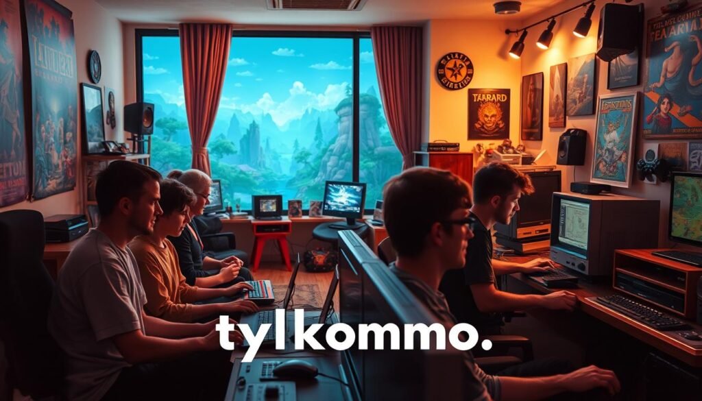 A nostalgic scene showcasing the phenomenon of "returning to the past" in online gaming. In the foreground, a diverse group of players, dressed in casual clothes, intently engages with their computers, surrounded by vintage gaming posters and memorabilia that evoke classic MMO titles. In the middle ground, a cozy gaming room filled with retro consoles and nostalgic paraphernalia, illuminated by soft, warm lighting that creates an inviting atmosphere. The background features a large window showing an enchanting digital landscape merging elements of old-school pixel art with modern graphics. The overall mood is a blend of excitement and nostalgia, capturing the essence of timeless gaming experiences. Include the brand name "tylkommo.pl" subtly incorporated into the scene.