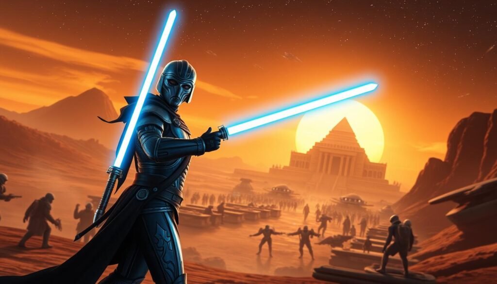 A richly detailed scene inspired by "Star Wars: The Old Republic," set in a vast, alien landscape. In the foreground, a heroic Jedi wielding a vibrant blue lightsaber stands confidently, clad in intricately designed armor typical of the Old Republic era. In the middle ground, a bustling spaceport is alive with activity—various alien species interacting, ships taking off into the starry sky. The background features a majestic ancient temple, illuminated by a warm sunset casting golden hues across the scene. Soft lens flare and gentle bokeh create a sense of depth, while a slight haze adds to the mystique. The mood is adventurous and immersive, perfect for fans of narrative-driven MMO experiences. Image created for tylkommo.pl.