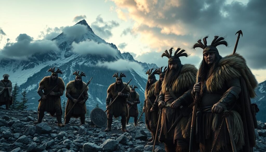 A rugged mountain landscape at dusk, featuring a tribe of fierce warriors from the Mountain Clans. In the foreground, a group of robust, battle-hardened figures, dressed in traditional, modest armor adorned with animal furs and tribal symbols, engage in a ceremonial initiation, showcasing their strength and unity. The middle layer includes a rocky terrain with towering, snow-capped peaks and pine trees, emphasizing the harshness of their environment. In the background, dramatic clouds gather, casting a moody light over the scene. The lighting is low, enhancing the atmosphere of tension and anticipation. Use a wide-angle lens to capture the expansive landscape while focusing on the intense expressions of the warriors, conveying a sense of camaraderie and determination.