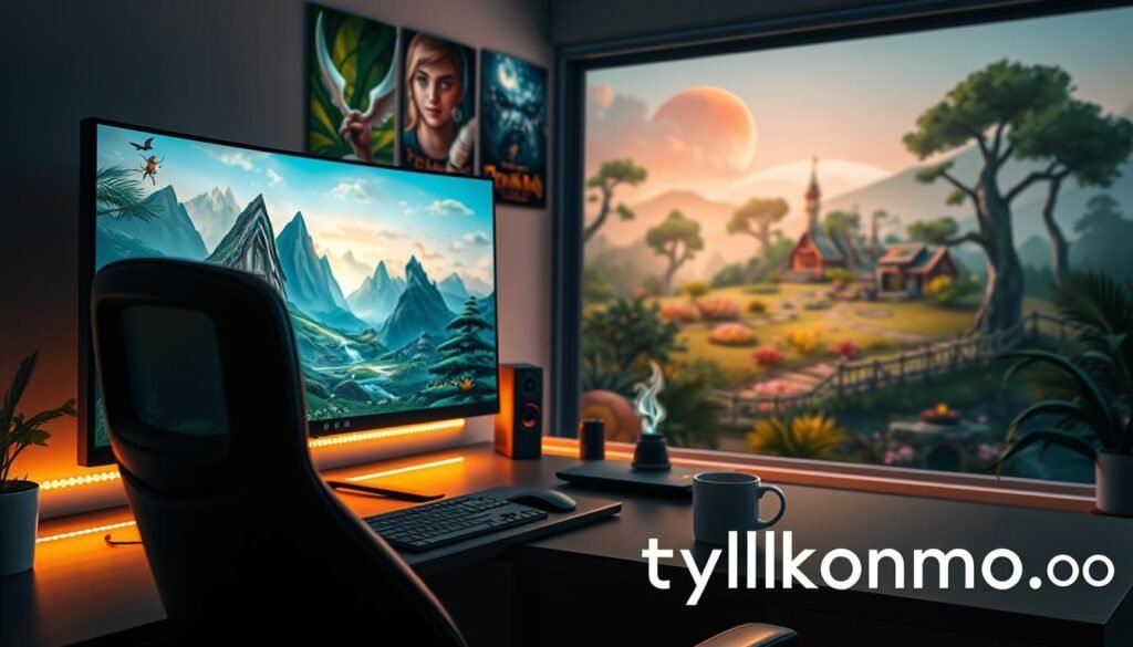 A serene and inviting gaming scene designed for solo players. In the foreground, a cozy desk adorned with a high-quality gaming setup, featuring a sleek monitor displaying an immersive MMORPG landscape. Soft LED lights cast a warm glow, enhancing the atmosphere. A comfortable gaming chair faces the screen, with a mug of steaming coffee beside it, suggesting relaxation. In the middle ground, vibrant game art posters hang on the walls, showcasing various friendly online characters engaged in adventures. The background features a peaceful virtual landscape visible on the monitor, depicting a lush forest with fantastical creatures and a welcoming village. The mood is tranquil yet exciting, encouraging players to embark on solo journeys. The overall image reflects the essence of MMO games suitable for lone wolves and includes the brand name "tylkommo.pl" subtly integrated into the gaming decor.