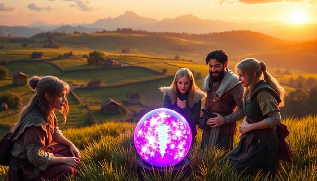 A serene and tranquil fantasy landscape showcasing peaceful villagers engaged in a cooperative gaming experience. In the foreground, a diverse group of three characters, clad in modest medieval attire, are gathered around a vibrant, glowing experience orb, depicting their shared joy in leveling up. The middle ground features lush green fields dotted with farmhouses and distant mountains, creating a cozy village atmosphere. The background reveals a sun setting behind the mountains, casting a soft, golden light across the scene, enhancing the mood of camaraderie and relaxation. The image is captured with a wide-angle lens that emphasizes the beauty of the landscape while keeping the focus on the characters’ expressions of excitement and engagement. A serene and tranquil fantasy landscape showcasing peaceful villagers engaged in a cooperative gaming experience. In the foreground, a diverse group of three characters, clad in modest medieval attire, are gathered around a vibrant, glowing experience orb, depicting their shared joy in leveling up. The middle ground features lush green fields dotted with farmhouses and distant mountains, creating a cozy village atmosphere. The background reveals a sun setting behind the mountains, casting a soft, golden light across the scene, enhancing the mood of camaraderie and relaxation. The image is captured with a wide-angle lens that emphasizes the beauty of the landscape while keeping the focus on the characters’ expressions of excitement and engagement.
