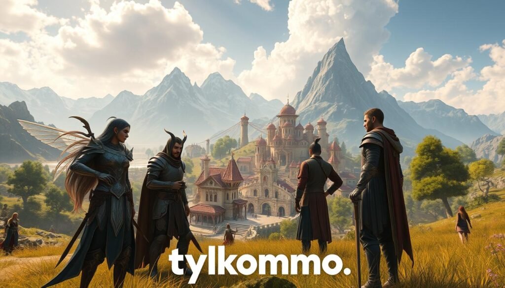A serene digital landscape showcasing an enchanting fantasy world that embodies the essence of niche MMO games. In the foreground, a diverse group of characters—an elven mage, a noble knight, and a cunning rogue—are engaged in a strategic discussion, dressed in intricately detailed armor and robes. The middle ground features a vibrant, sprawling village with unique architecture, animated NPCs, and players from various backgrounds exploring. In the background, majestic mountains rise against a bright, fantastical sky, with soft sunlight filtering through. The atmosphere is inviting and adventurous, filled with the excitement of discovery. The image should convey the richness of alternative gaming experiences, appealing to those seeking variety. The logo “tylkommo.pl” subtly integrated into the scene, ensuring a professional finish.