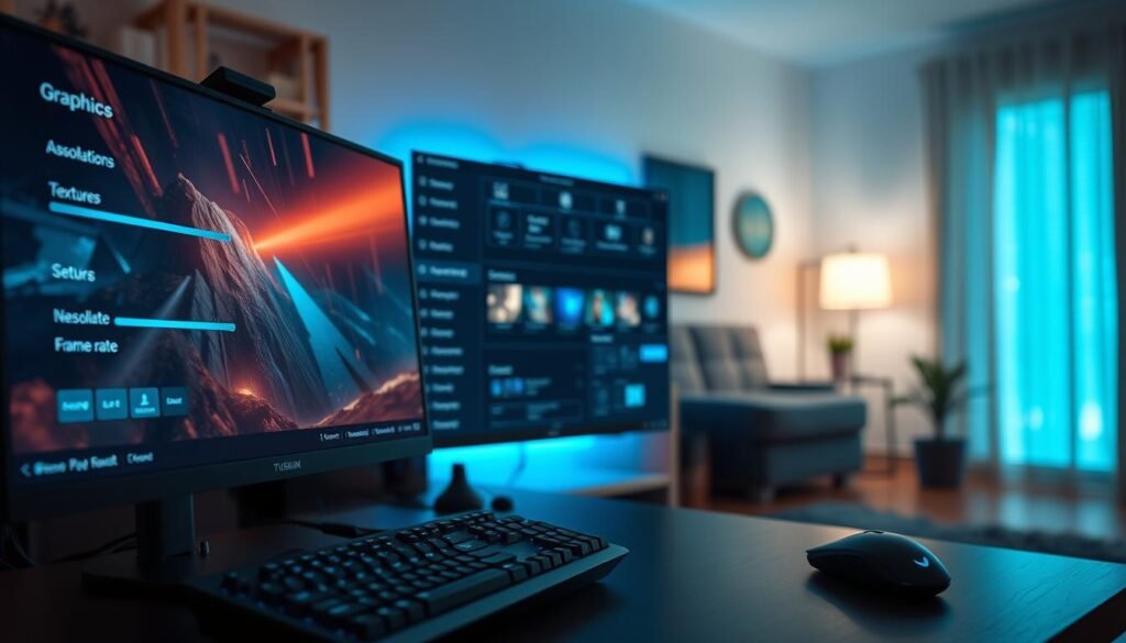 A serene digital workspace designed for optimizing graphic settings. In the foreground, a sleek gaming monitor displays vibrant visuals of in-game settings with sliders and options for graphics, resolution, and frame rate. A high-tech gaming keyboard and mouse can be seen beside it, bathed in a soft blue glow. The middle layer features a slightly blurred digital interface, showcasing various graphical settings like textures, shadows, and anti-aliasing. In the background, a cozy room with warm ambient lighting hints at an inviting atmosphere for gaming enthusiasts. A small potted plant adds a touch of life to the setup. The mood conveys focus and tranquility, ideal for achieving optimal performance. Include a subtle, branded element indicating "tylkommo.pl" in the design, ensuring it blends seamlessly into the environment.