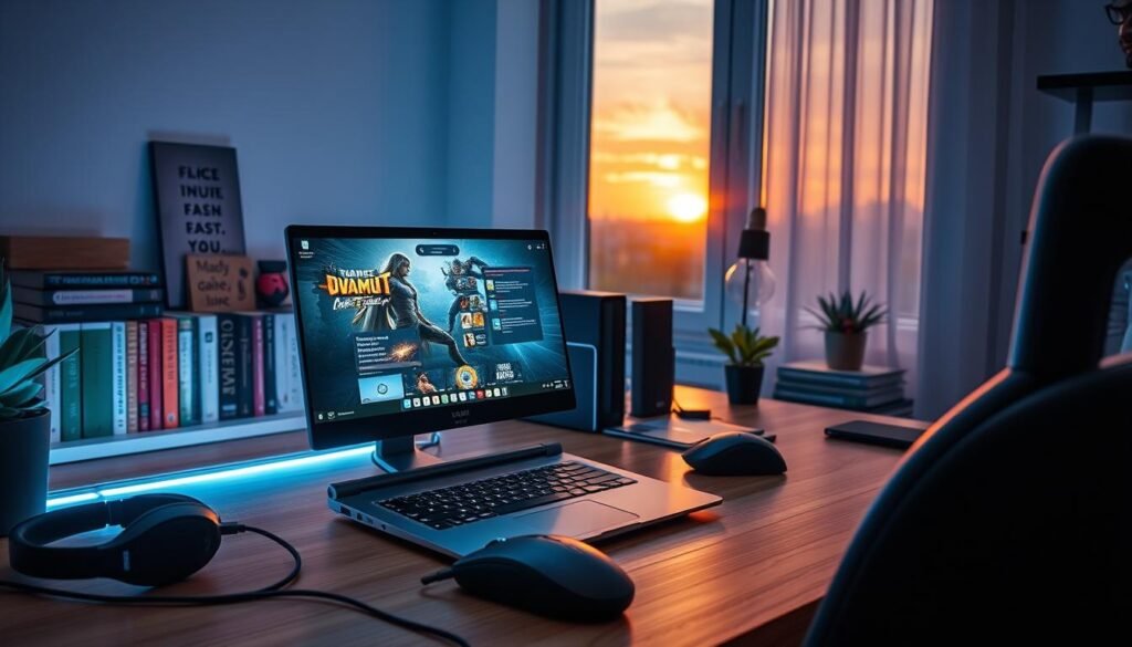A serene gaming desk scene tailored for busy players, showcasing a sleek computer setup illuminated by soft, ambient lighting. In the foreground, a stylish laptop open to an engaging MMO interface is accentuated with colorful graphics that suggest easy gameplay. Scattered around are a few gaming accessories, such as a comfortable headset and a ergonomic gaming mouse. In the middle ground, a partially visible bookshelf displays popular game titles along with inspirational quotes about gaming. In the background, a calming window view reveals a sunset, casting warm tones throughout the scene, creating a cozy and encouraging atmosphere. The image reflects an inviting space where one can relax and enjoy gaming after a long day, embodying the essence of "tylkommo.pl" and the joys of casual gaming.