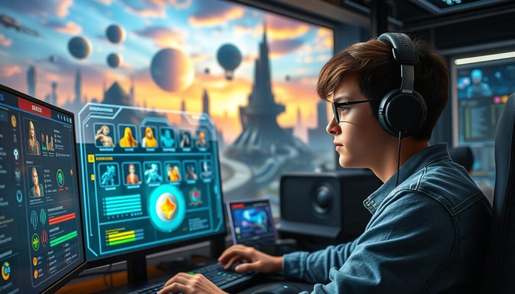 A serene gaming environment illustrating the concept of beginner character builds in a science fiction MMORPG. In the foreground, a detailed computer workspace features colorful character stats and skill charts displayed on multiple screens, with a focused young gamer in modest casual clothing, intently analyzing the information. In the middle, an impactful holographic interface showcases various character classes with glowing icons, enhancing the futuristic aspect. The background highlights a visually stunning virtual realm, depicting various sci-fi landscapes, like alien planets and futuristic cities, under a vibrant, dynamic sky. Soft lighting casts an inviting glow across the scene, creating an atmosphere of excitement and exploration, highlighting the potential of new players in their gaming journey.