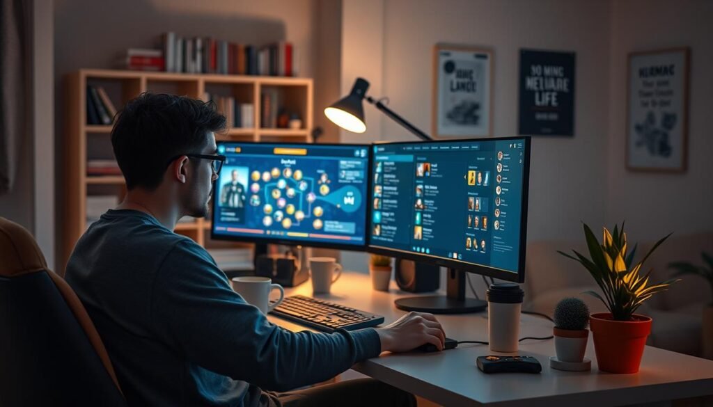 A serene gaming setup showcasing a casual MMORPG player balancing character progression and personal life. In the foreground, a focused individual in modest casual clothing sits at a modern desk, intently engaged with their computer, surrounded by comfortable items like a coffee mug and a potted plant. The middle layer features a glowing monitor displaying a vibrant character skill tree, illustrating intricate progression paths. Soft, warm lighting bathes the scene from a desk lamp, enhancing a cozy atmosphere. In the background, a neatly arranged living space with bookshelves and a motivational poster subtly hints at personal life commitments. The mood reflects a harmonious blend of gaming passion and daily responsibilities, emphasizing "tylkommo.pl".