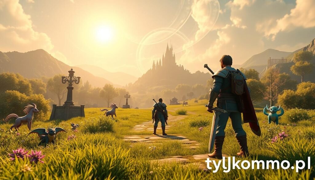 A serene video game environment showcasing a lone character immersed in a vibrant fantasy world, demonstrating the theme of solo play within an MMO. In the foreground, depict a heroic figure in modest, sturdy armor holding a glowing sword, surrounded by lush greenery and colorful magical creatures. The middle ground should include a clear pathway leading towards a distant castle, with surrounding hills and forests, creating an inviting sense of exploration. The background features a bright, enchanted sky with wispy clouds and hints of swirling magic. Utilize soft, warm lighting to enhance the whimsical atmosphere, captured from a slightly elevated angle that draws the viewer into this engaging scene. Include subtle branding for "tylkommo.pl" integrated into the landscape.