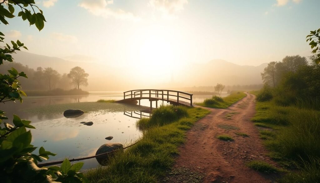 A serene view of Lumbridge Swamp from Old School RuneScape, capturing the tranquil essence of the area. In the foreground, lush green foliage surrounds the swamp, with a few scattered rocks and small aquatic plants peeking through the still water. The middle ground features the iconic wooden footbridge crossing the swamp, leading to a well-trodden path lined with soft earth and patches of grass. The background showcases the distant silhouette of Lumbridge Castle, partially obscured by the morning mist, with soft sunlight breaking through the clouds, casting a warm golden hue across the landscape. The mood is calm and inviting, reflecting a peaceful escape from the chaos of early gameplay. Focus on a wide-angle perspective, emphasizing the natural beauty and tranquility of this iconic location. A serene view of Lumbridge Swamp from Old School RuneScape, capturing the tranquil essence of the area. In the foreground, lush green foliage surrounds the swamp, with a few scattered rocks and small aquatic plants peeking through the still water. The middle ground features the iconic wooden footbridge crossing the swamp, leading to a well-trodden path lined with soft earth and patches of grass. The background showcases the distant silhouette of Lumbridge Castle, partially obscured by the morning mist, with soft sunlight breaking through the clouds, casting a warm golden hue across the landscape. The mood is calm and inviting, reflecting a peaceful escape from the chaos of early gameplay. Focus on a wide-angle perspective, emphasizing the natural beauty and tranquility of this iconic location.