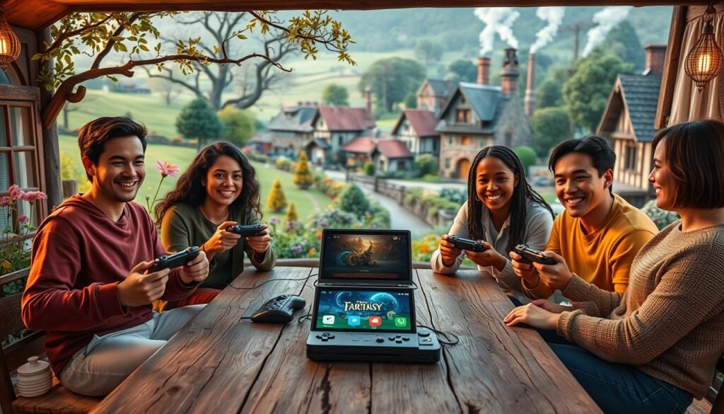 A serene village scene depicts a cozy co-op multiplayer gaming session in a fantastical setting. In the foreground, a diverse group of four gamers sits around a rustic wooden table, each displaying a joyful expression, dressed in casual, comfortable clothing. They hold game controllers, engaged in cooperative play on a fantasy-themed console. The middle ground features a lush, green landscape with colorful flowers and whimsical trees, creating an inviting atmosphere. In the background, a picturesque village with quaint cottages and smoke rising from chimneys adds charm to the scene. Soft, warm lighting bathes the environment, evoking a relaxed and friendly mood. The camera angle captures the collaboration between the players, emphasizing their shared enjoyment and the cooperative spirit of gaming together. A serene village scene depicts a cozy co-op multiplayer gaming session in a fantastical setting. In the foreground, a diverse group of four gamers sits around a rustic wooden table, each displaying a joyful expression, dressed in casual, comfortable clothing. They hold game controllers, engaged in cooperative play on a fantasy-themed console. The middle ground features a lush, green landscape with colorful flowers and whimsical trees, creating an inviting atmosphere. In the background, a picturesque village with quaint cottages and smoke rising from chimneys adds charm to the scene. Soft, warm lighting bathes the environment, evoking a relaxed and friendly mood. The camera angle captures the collaboration between the players, emphasizing their shared enjoyment and the cooperative spirit of gaming together.
