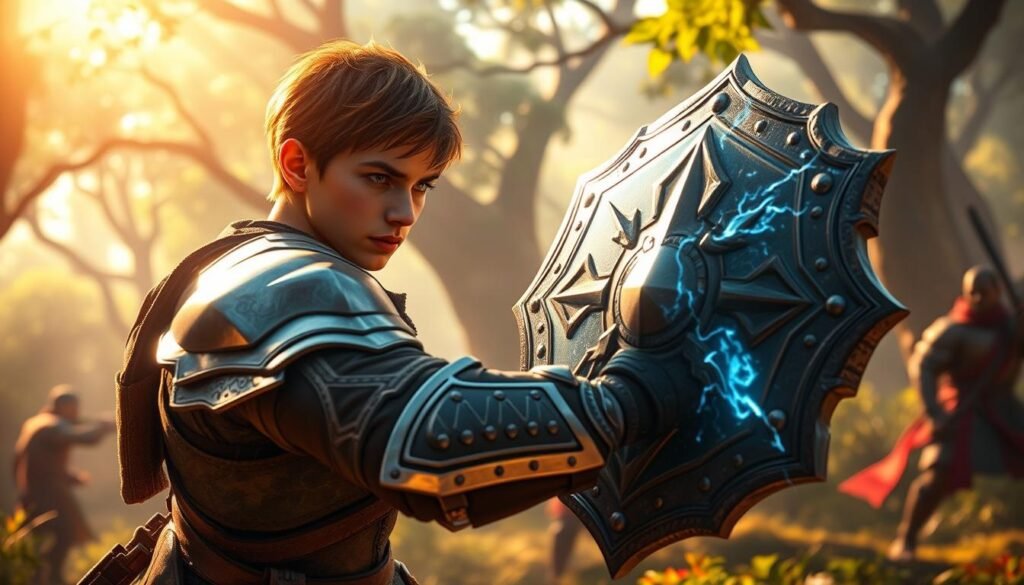 A skilled warrior in a vibrant fantasy setting, showcasing "skill defense" in action. In the foreground, a focused character is performing a defensive maneuver, their armor gleaming under a warm sunlight that filters through the trees. The warrior, a young adult with determined expression, wears practical, rugged clothing suited for battle, emphasizing resilience. In the middle ground, a magical shield crackles with energy, symbolizing skill and preparedness. Enemies can be seen in the distance, poised for an attack, but held at bay by the shield. The background features a lush, enchanted forest, with soft, ethereal light creating a mystical atmosphere. The overall mood is intense yet hopeful, capturing the essence of survival and strategic mastery in PvP combat.