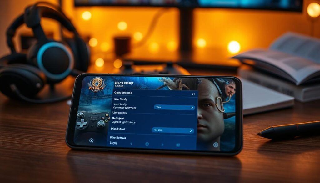 A sleek Android device displaying the game settings menu of Black Desert Mobile, positioned on a wooden desk surrounded by gaming paraphernalia. In the foreground, the phone’s screen showcases vibrant graphics and user-friendly options, highlighting settings that improve gameplay performance. The middle ground features a subtle blur of accessories like a professional headset, a gaming controller, and a notebook filled with tips. The background includes a softly lit gaming setup with ambient LED lights creating a cozy atmosphere, enhancing the focus on the phone. The scene is illuminated by warm, inviting light to evoke a sense of comfort and immersion in gaming. The overall mood is focused yet relaxed, perfect for a dedicated mobile gaming experience.
