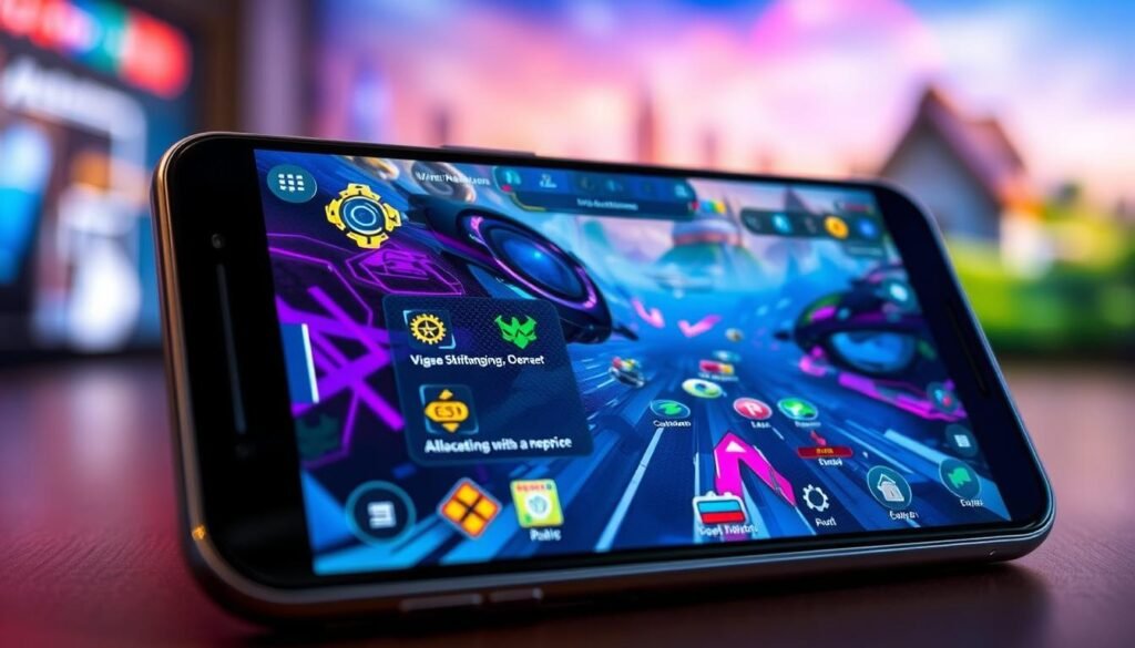 A sleek Android device is prominently featured in the foreground, displaying vibrant graphics from a mobile game interface, with dynamic colors showcasing high-resolution details. In the middle ground, the scene includes elements representing technical settings, such as vibrant icons and gears symbolizing performance optimization for smooth gameplay. The background features a softly blurred gaming environment, such as a futuristic cityscape or a lush digital landscape, hinting at a gaming world experience. The lighting is bright and engaging, emphasizing the clarity of the screen and the dynamic colors. The atmosphere is energetic and focused, reflecting an immersive gaming experience. The angle of the shot is slightly tilted for a modern aesthetic, capturing the essence of speed and functionality in gaming on Android. A sleek Android device is prominently featured in the foreground, displaying vibrant graphics from a mobile game interface, with dynamic colors showcasing high-resolution details. In the middle ground, the scene includes elements representing technical settings, such as vibrant icons and gears symbolizing performance optimization for smooth gameplay. The background features a softly blurred gaming environment, such as a futuristic cityscape or a lush digital landscape, hinting at a gaming world experience. The lighting is bright and engaging, emphasizing the clarity of the screen and the dynamic colors. The atmosphere is energetic and focused, reflecting an immersive gaming experience. The angle of the shot is slightly tilted for a modern aesthetic, capturing the essence of speed and functionality in gaming on Android.