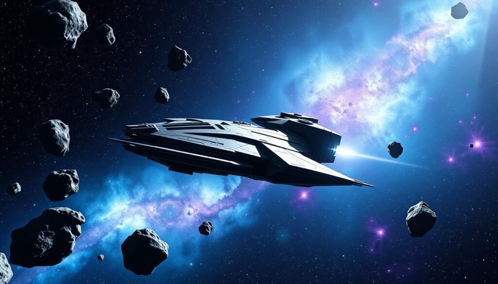 A sleek, futuristic spaceship designed for budget-friendly missions, mining, and ratting in a vast cosmic setting. The ship is in the foreground, showcasing its compact design and multiple tool attachments for efficient resource gathering. The middle ground features asteroids and celestial bodies, highlighting the mining potential, while the background reveals a star-studded galaxy with nebulae in vibrant blues and purples. The lighting is dynamic, casting a soft glow on the ship as it navigates through the scene. Capture the mood of adventure and exploration, emphasizing the balance between technology and the vastness of space. Use a wide-angle perspective to enhance the ship's presence within the expansive universe, ensuring all elements are sharply focused and visually striking. A sleek, futuristic spaceship designed for budget-friendly missions, mining, and ratting in a vast cosmic setting. The ship is in the foreground, showcasing its compact design and multiple tool attachments for efficient resource gathering. The middle ground features asteroids and celestial bodies, highlighting the mining potential, while the background reveals a star-studded galaxy with nebulae in vibrant blues and purples. The lighting is dynamic, casting a soft glow on the ship as it navigates through the scene. Capture the mood of adventure and exploration, emphasizing the balance between technology and the vastness of space. Use a wide-angle perspective to enhance the ship's presence within the expansive universe, ensuring all elements are sharply focused and visually striking.