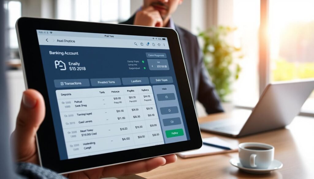 A sleek, modern bank account interface displayed on a digital tablet, showcasing a detailed view of transactions, balances, and deposit options. The foreground features a close-up of the tablet held by a professional individual in business attire, with a contemplative expression as they review their finances. In the middle ground, a clean, organized desk with a laptop, notepad, and a cup of coffee, symbolizing productivity and financial planning. The background offers a softly lit office environment with large windows, allowing natural light to flood in, creating a calm and focused atmosphere. The image captures the essence of modern banking, efficiency, and personal finance management, inviting viewers to engage with the topic of managing real money and bank transfers.