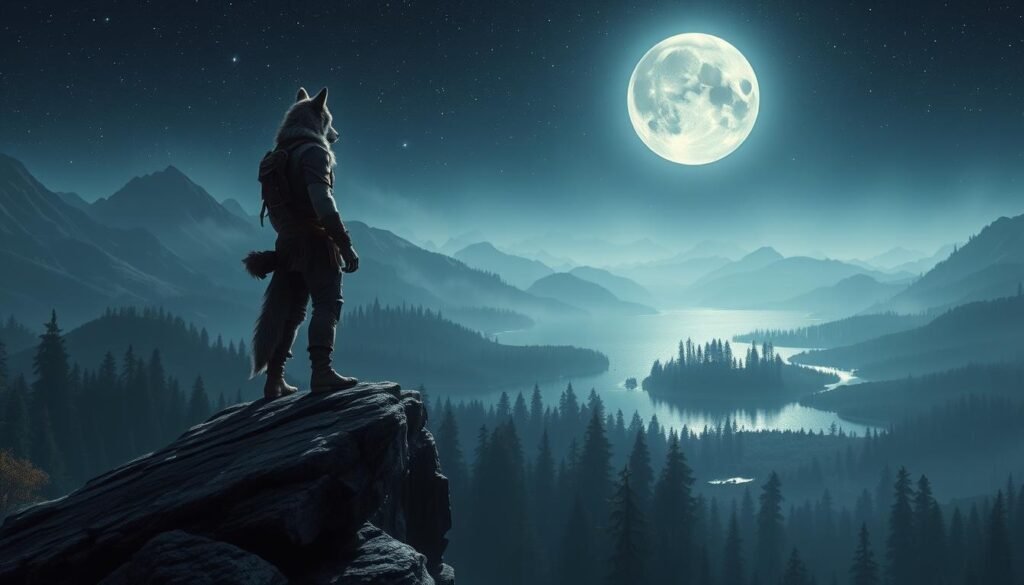 A solitary wolf character, dressed in rugged adventurer attire, standing on a rocky cliff amidst a vast, digitally rendered fantasy landscape. The foreground features the character gazing into the distance, surrounded by challenging terrains such as mountains and dark forests, symbolizing the struggles faced by solo players. In the middle ground, a shimmering lake reflects the pale moonlight, adding an air of mystery, while ethereal creatures can be seen in the shadows of the trees, representing both challenges and encounters in the online world. The background is filled with a starry night sky, enhancing the sense of adventure. The overall atmosphere should evoke feelings of solitude, determination, and the thrill of exploration. Use soft lighting and a cinematic angle to capture the moment. Include the brand name "tylkommo.pl" subtly integrated into the landscape, ensuring it does not distract from the main image.