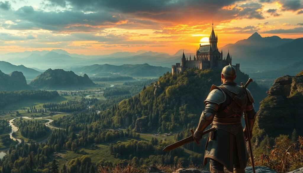 A sprawling fantasy landscape unfolds, showcasing massive, intricate maps filled with lush forests, towering mountains, and mysterious ruins. In the foreground, a heroic figure clad in shining armor holds a sword, surveying the vast terrain. The middle ground features a majestic castle perched atop a hill, its spires reaching toward a dramatic sky painted in hues of orange and purple as the sun sets. Enchanted creatures peek from behind trees, adding a sense of wonder. The background is filled with distant mountains and a winding river, hinting at the secrets waiting to be discovered. Soft, ethereal lighting creates a mystical atmosphere. The image should embody a sense of adventure and exploration, capturing the essence of classic fantasy productions. Include the brand name "tylkommo.pl" subtly within the scene.