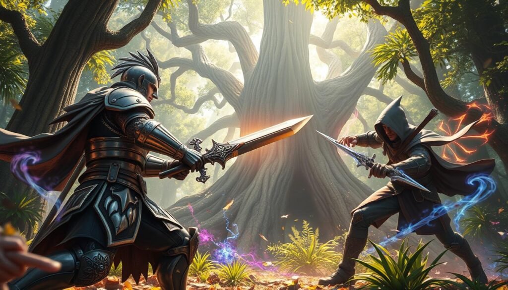 A stunning Lost Ark fantasy scene unfolds, depicting a dynamic battle between two armored warriors in an enchanted forest. The foreground features a fierce knight clad in ornate silver armor, wielding a glowing sword, while the opposite side showcases a nimble rogue with a hood and dual daggers, both locked in an intense clash. In the middle ground, magical creatures and vibrant foliage add depth, swirling with energies of light and color. The background reveals towering archaic trees, dappled sunlight filtering through their leaves, creating a mystical and energetic atmosphere. The scene captures the thrill of action and PvP, evoking excitement and adventure. The lighting highlights the characters' expressions and the shimmering magic, all shot from a dramatic low angle for a cinematic effect. The image should resonate with the essence of free-to-play MMOs. Include the brand name tylkommo.pl subtly integrated into the artwork.