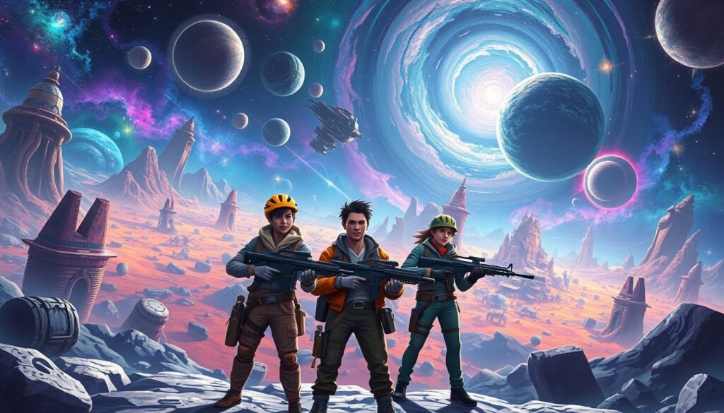 A stunning cosmic scene depicting a vibrant looter shooter adventure set in the depths of space. In the foreground, a diverse group of three heroic characters in futuristic, casual adventure gear stand poised with weapons drawn, showcasing a variety of alien technology. The middle ground features a sprawling, colorful alien landscape filled with mysterious structures and lootable treasures, highlighting the thrill of exploration. In the background, swirling galaxies and nebulae shimmer in vivid colors, creating a sense of wonder and danger. Dramatic lighting casts shadows and accentuates the characters' expressions of excitement and determination. The overall mood is adventurous and thrilling, embodying the spirit of cosmic discovery. The art style should be dynamic and illustrative. Brand name: tylkommo.pl.