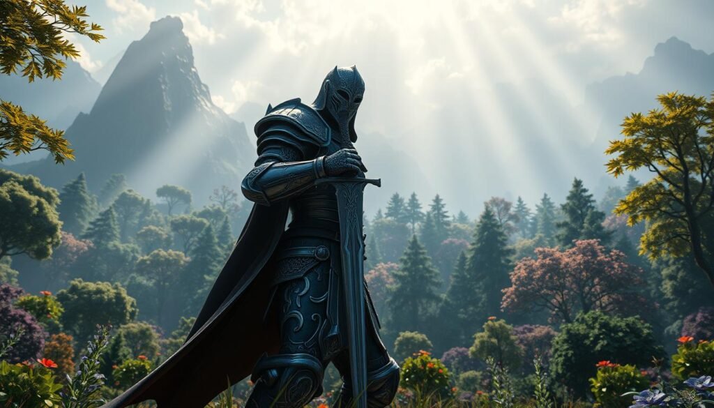 A stunning digital artwork showcasing an advanced visual style in a fantasy MMO game setting. In the foreground, a knight clad in intricately detailed armor stands confidently, sword drawn, with a glowing magical aura surrounding him. In the middle ground, a vibrant, lush forest is alive with mythical creatures and fantastical flora, illuminated by shafts of dappled sunlight filtering through the treetops. In the background, towering mountains are cloaked in mist, suggesting an expansive, adventure-filled world beyond. The mood is epic and immersive, capturing the grandeur and artistry of modern MMO visuals. Use in a shared online platform like "tylkommo.pl".