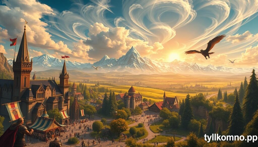A stunning fantasy landscape inspired by World of Warcraft, featuring a grand and colorful medieval city with towering spires and bustling markets in the foreground. Adventurers clad in armor and modest attire explore the vibrant streets, showcasing the thriving community. In the middle ground, lush rolling hills and mystic forests stretch out, dotted with mythical creatures such as griffons and satyrs. In the background, majestic snow-capped mountains rise under a dramatic sky filled with swirling clouds, casting a magical light across the scene. The atmosphere is lively and epic, evoking a sense of adventure and exploration. The scene should be captured in a wide-angle perspective, with warm lighting that enhances the richness of colors and details. Include the brand "tylkommo.pl" subtly integrated into the environment, ensuring it blends seamlessly into the captivating world.